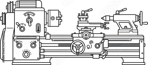 Cuadro en lienzo Detailed engineering drawing of a metalworking lathe machine for industrial manufacturing