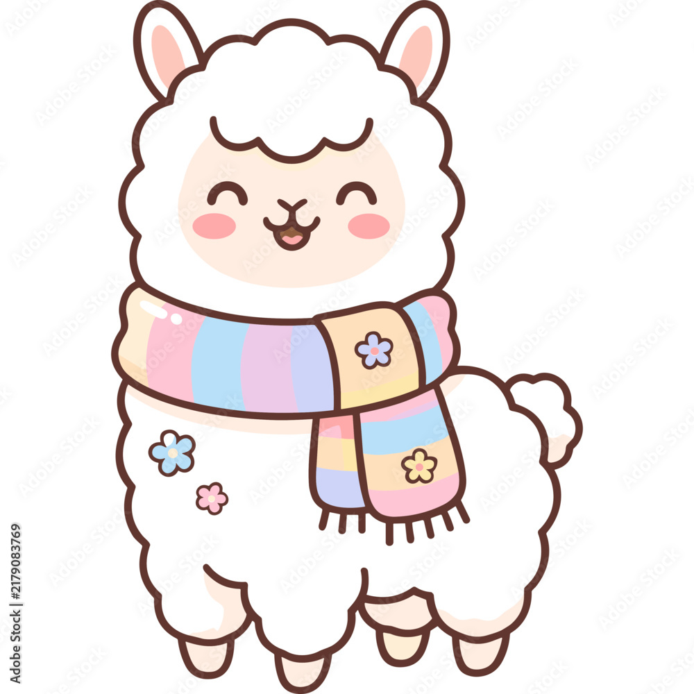 Fototapeta premium Cute Kawaii White Llama Wearing a Colorful Pastel Striped Scarf Vector Illustration