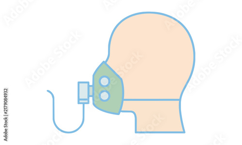 Monoline medical icon of a patient wearing a breathing oxygen mask on a white background respiratory healthcare concept
