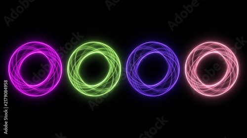 Glowing neon light rings in purple green and pink, abstract futuristic circle frames, vibrant energy halo collection on black background