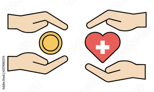 Two open hands balancing a gold coin and a red medical heart symbol with a cross, minimalist flat design for a healthcare finance concept