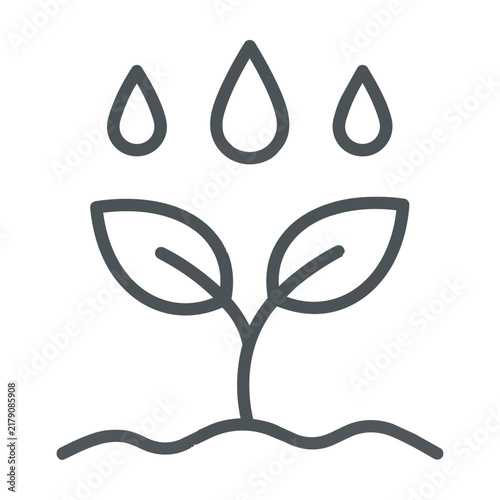 Minimalist line art icon of a small plant sprout with water droplets isolated on a white background, sustainable growth and nature conservation concept