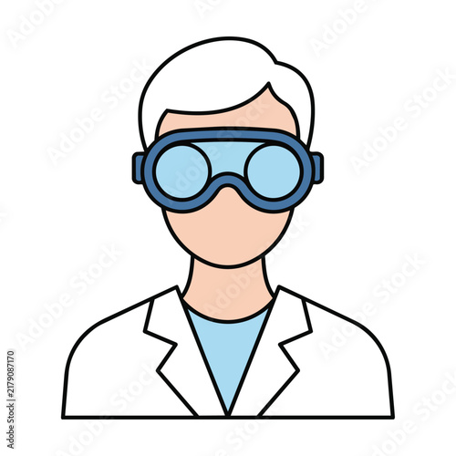 Minimalist monoline icon of a professional scientist in a lab coat and safety goggles, isolated on white. Science and research concept