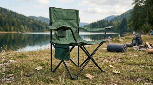 Camping chair in green fabric sits on a grassy shoreline beside a calm mountain lake surrounded by dense evergreen trees on a scenic autumn day.