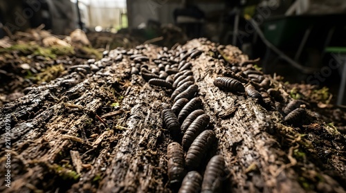 Wide Angle Macro Shot of Black Soldier Fly Pupae Lineup on Decaying Wood Log