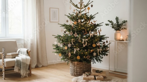 Christmas tree decorated with natural ornaments stands in a cozy living room