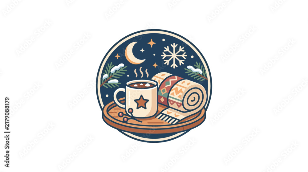 Fototapeta premium Cozy winter night illustration with hot cocoa and blanket badge
