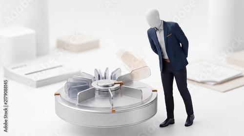 Miniature businessman standing next to futuristic mechanical device on white table with Small scale businessman figure standing beside metallic circular device open lid professional
