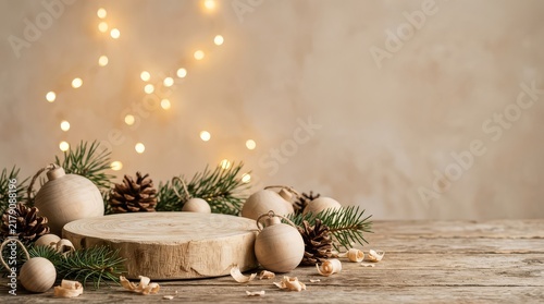 Natural wooden podium surrounded by Christmas ornaments on a rustic table