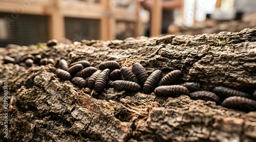 Horizontal Close Up of Black Soldier Fly Pupae Gathering on Tree Bark Surface