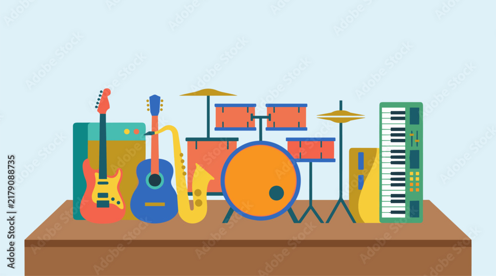 Obraz premium Collection of musical instruments including guitars, saxophone, drums, and keyboard on a wooden surface, flat design vector illustration