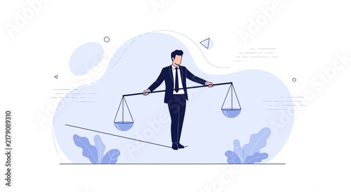 Businessman balancing scales of justice while walking on tightrope, concept of legal decision making and fairness