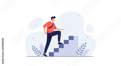 Businessman climbing stairs, concept of career growth, success, and achieving goals