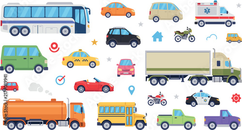 City traffic vehicles vector set featuring cargo semi truck oil tanker yellow school bus public transit coach ambulance police car and sports convertibles isolated on white background.