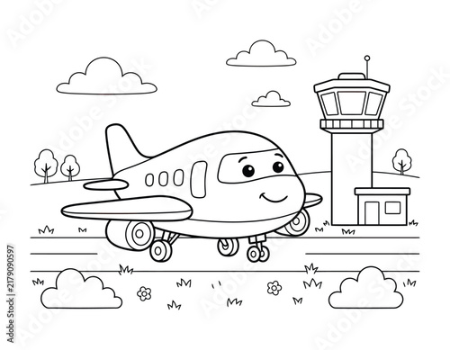 Cute airplane on airport runway near control tower coloring page for kids with airplane aviation aircraft transport