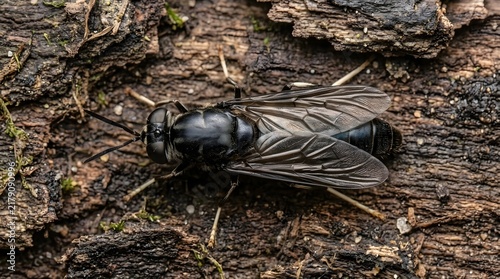 Adult Black Soldier Fly Sitting on Rotting Wood Chip Macro Photography