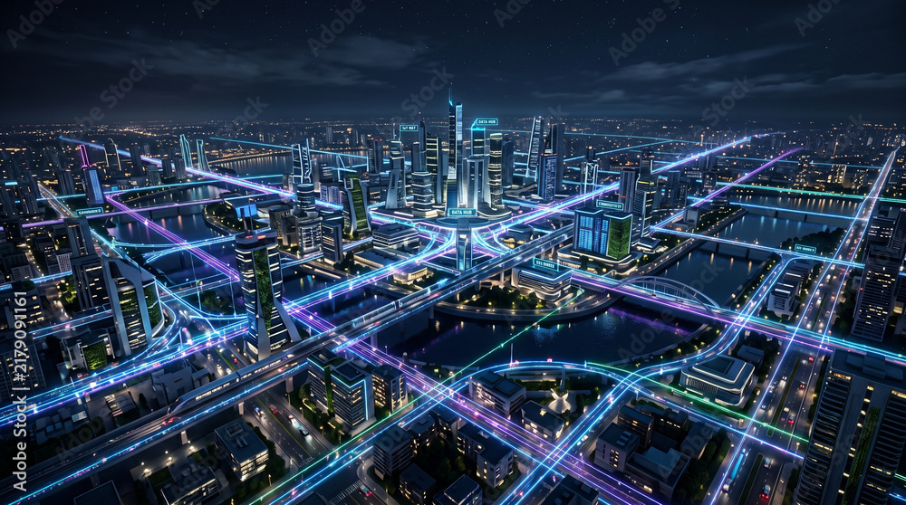 Obraz premium Smart City Digital Data Grid Landscape