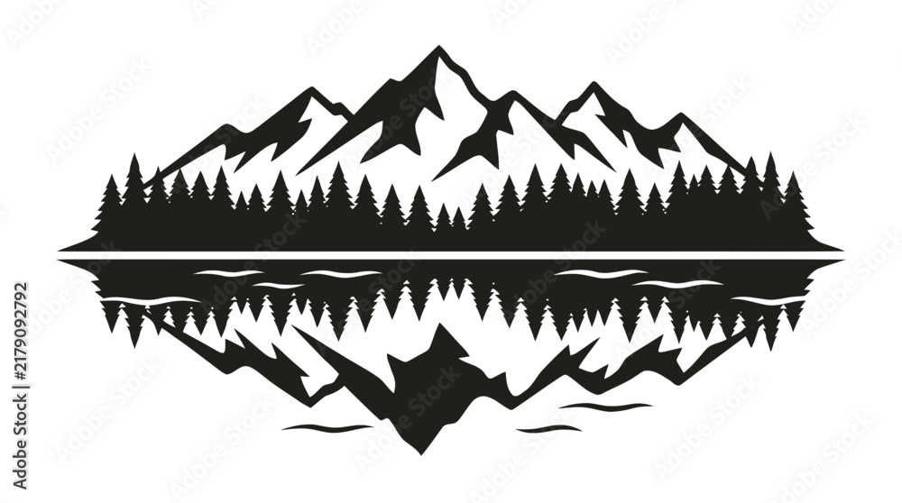Fototapeta premium Vector illustration of mountain forest lake reflection silhouette logo icon on a transparent background