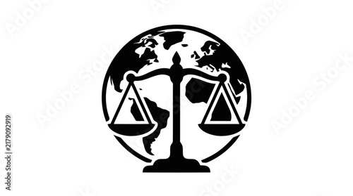 Vector illustration of global justice concept with scales of justice and world map on a transparent background