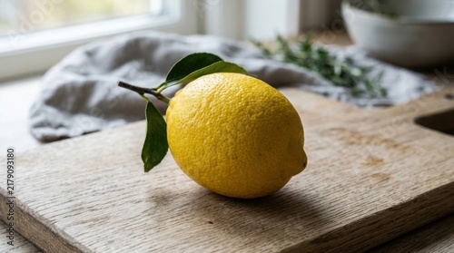 Fresh whole yellow lemon with green leaves sits on a rustic wooden cutting board, illuminated by gentle natural light beside a bright home window.
