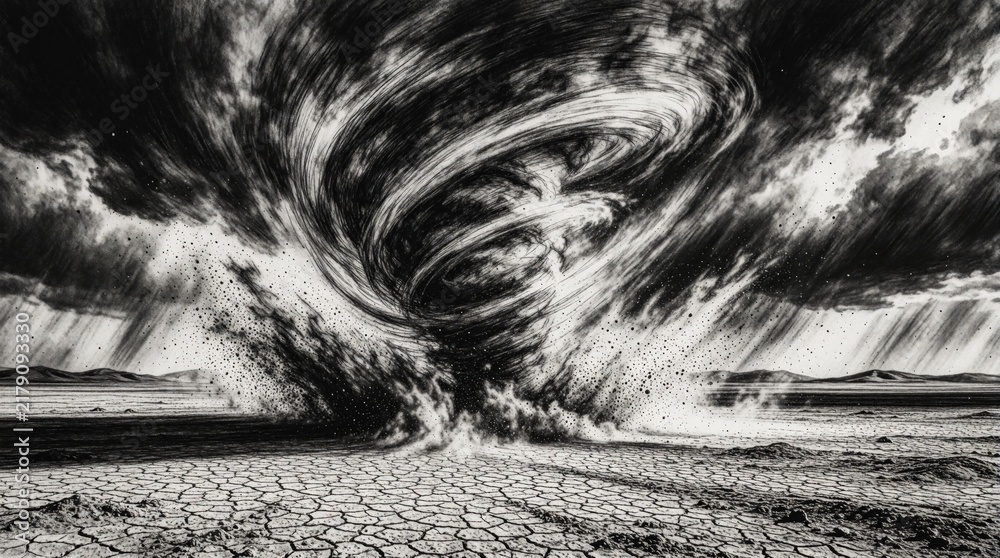 Fototapeta premium Dramatic dust tornado swirls violently on cracked dry earth under stormy sky. Intense desert storm creates vortex of sand and debris. Nature raw power unleashed.