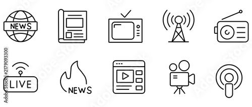 Minimalist news and media line icons, 10 journalism vector elements. Professional broadcasting and mass communication symbols for web design.