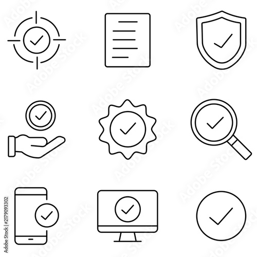 Minimalist check mark icon set, 9 thin line approval symbols. Quality assurance vector icons for business web design and mobile apps.