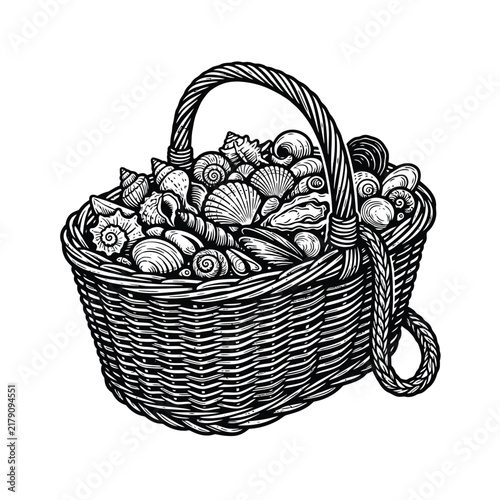 Wicker basket filled with sea shells, hand drawn black and white vector illustration.