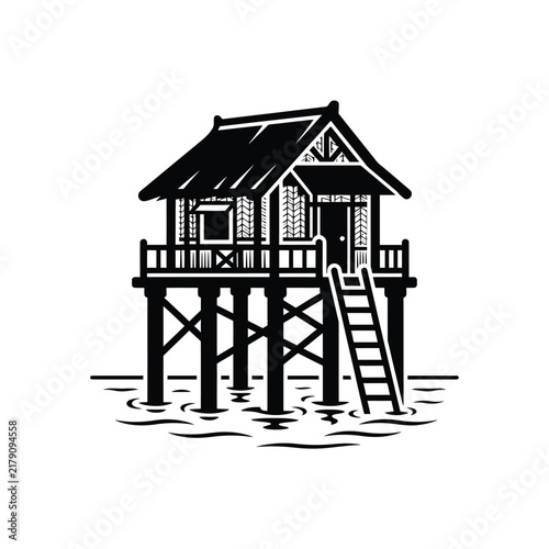 Stilt house icon, wooden bungalow on water, tropical beach cottage vector illustration