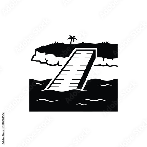 Island boat ramp icon with tropical palm tree and wooden dock silhouette
