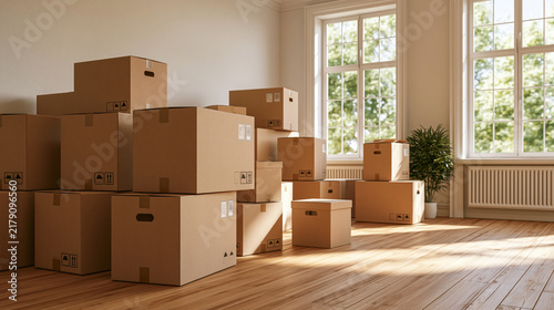 Empty, house and boxes with relocation for property migration or eviction notice in apartment. Packages, parcels or cargo in home vacate for moving, replacement or packing equipment in building