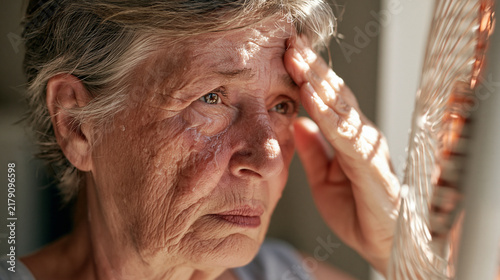 Senior woman, hot and fan at house for heatwave, air conditioning and menopause symptoms. Elderly person, sweat and electric appliance for cool breeze, warm weather and relief from hormonal condition