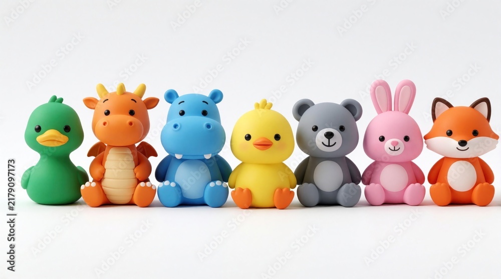 Obraz premium Cute plastic animal toys sit in a row on a white background. Collection includes duck, dragon, hippo, chick, bear, bunny, fox. Playful characters for kids.