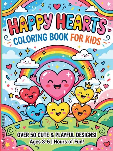 Happy Hearts Kids Coloring Book Cover Cute Rainbow Hearts Vector