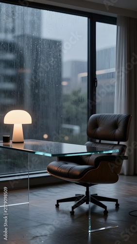 Rainy evening at modern home office with leather lounge chair and glowing table lamp