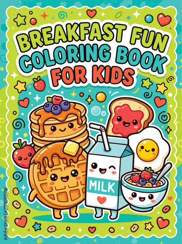 Breakfast Fun Kids Coloring Book Cover Kawaii Food Vector