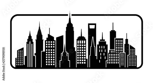 Vector illustration of black silhouette of a modern city skyline inside a rounded rectangle on a transparent background