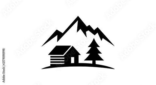 Vector illustration of mountain cabin and pine tree silhouette icon on a transparent background