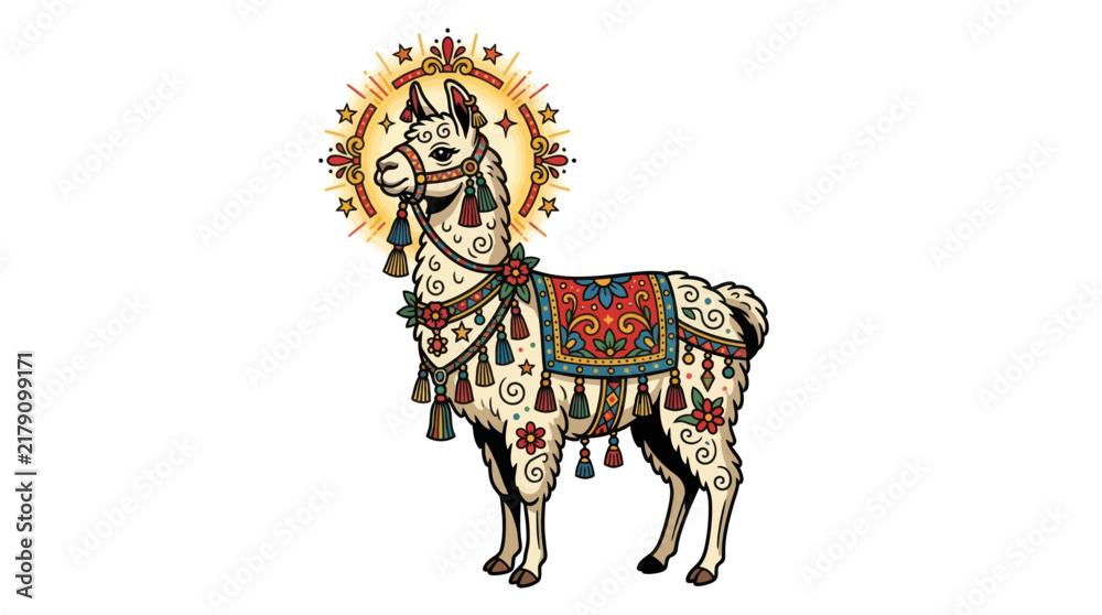 Fototapeta premium Ornate Llama with Radiant Halo and Tassels