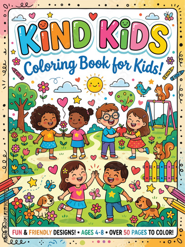 Kind Kids Coloring Book Cover Friendship Playground Vector