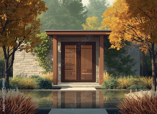 Contemporary Wellness Retreat Entrance in Autumn Garden