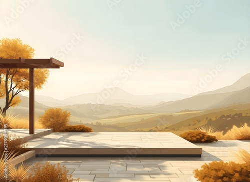 Minimalist Wellness Terrace Overlooking Autumn Valley