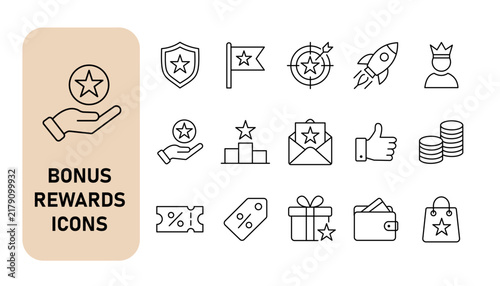 Bonus rewards and customer loyalty program icon set. Premium perks, incentive discount, VIP privilege and gift point thin line icons. Editable stroke vector illustrations.