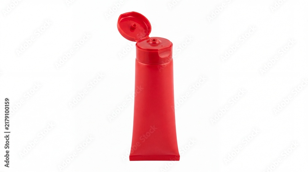 Obraz premium Open red plastic squeeze tube standing upright for cosmetic skincare products displayed on white background