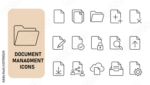 Document management and file organization icon set. Paper archiving, folder administration, data storage and office workflow thin line icons. Editable stroke vector illustrations