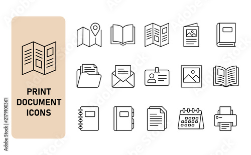 Print document and paper publishing icon set. Brochure, catalog, magazine, flyer and office stationery thin line icons. Editable stroke vector illustrations