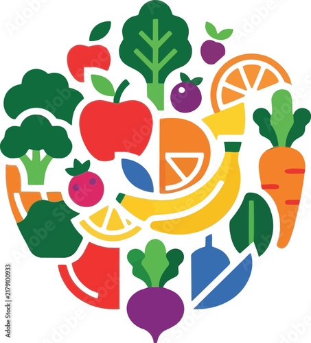 Healthy organic fruits and vegetables circular arrangement nutrition food logo flat vector illustration isolated on white background
