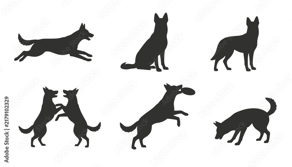 Obraz premium Silhouette collection of a dog, likely a German Shepherd, in various poses like running, sitting, and playing.
