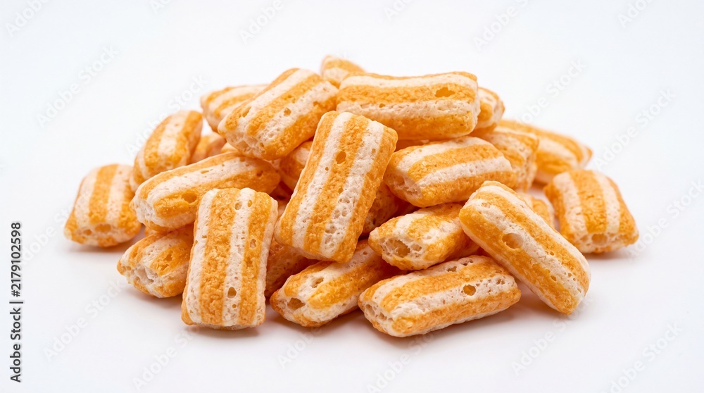 Obraz premium Crunchy orange striped corn puffed snack sticks arranged in a messy pile on white background
