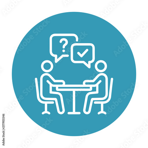 Vector line icon of people discussing at a table with speech bubbles